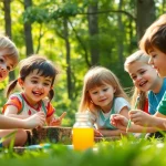 Children engaging in activities at a homeschool summer camp in a natural setting.
