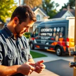 Residential Locksmiths in Wildwood fixing locks outside a charming home in a sunny neighborhood.