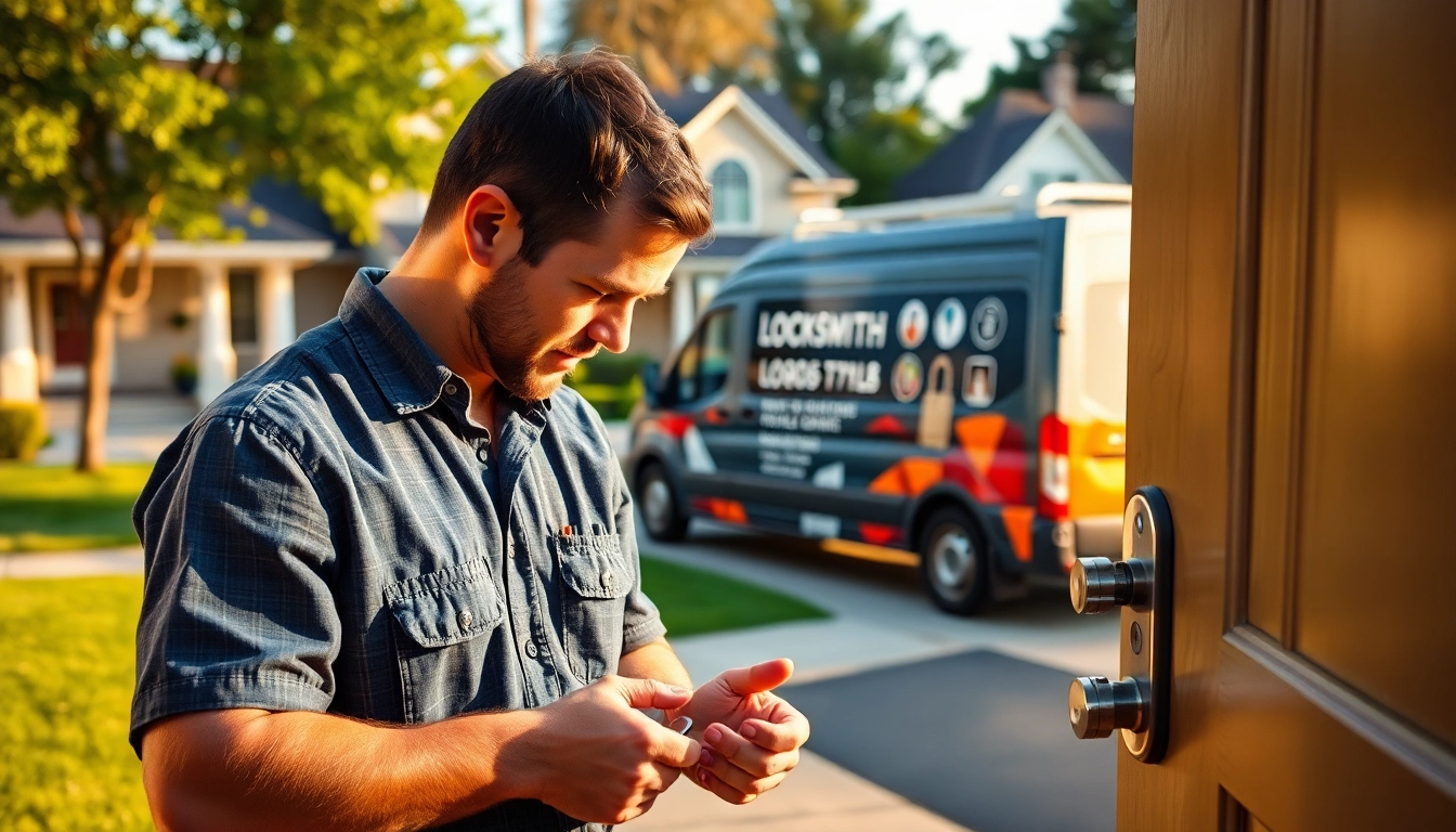Residential Locksmiths in Wildwood fixing locks outside a charming home in a sunny neighborhood.
