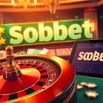 Sbobet link alternatif showcasing a luxury online casino ambiance with roulette, poker chips, and a digital betting interface.