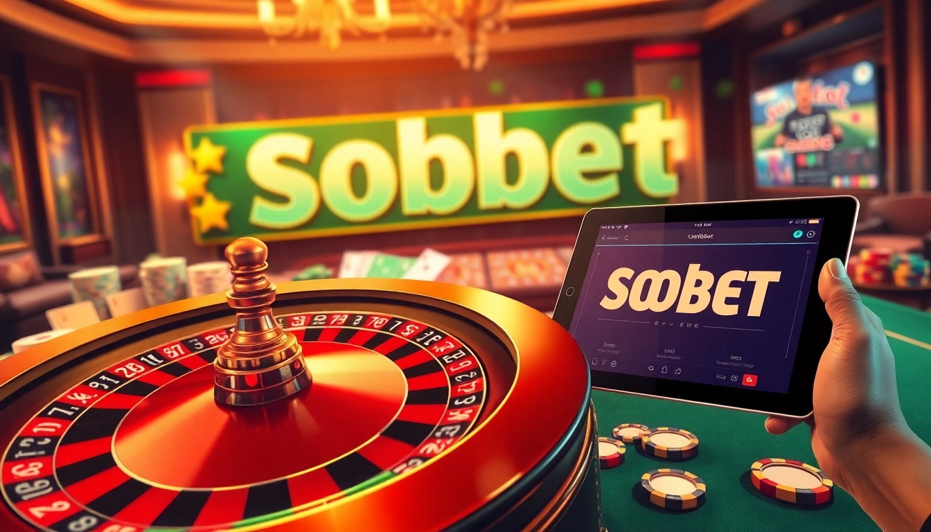 Sbobet link alternatif showcasing a luxury online casino ambiance with roulette, poker chips, and a digital betting interface.