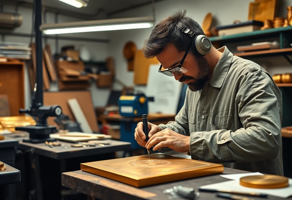 Artizan fabricând Placa alama într-un atelier bine iluminat, prezentând lucrări detaliate din alamă.