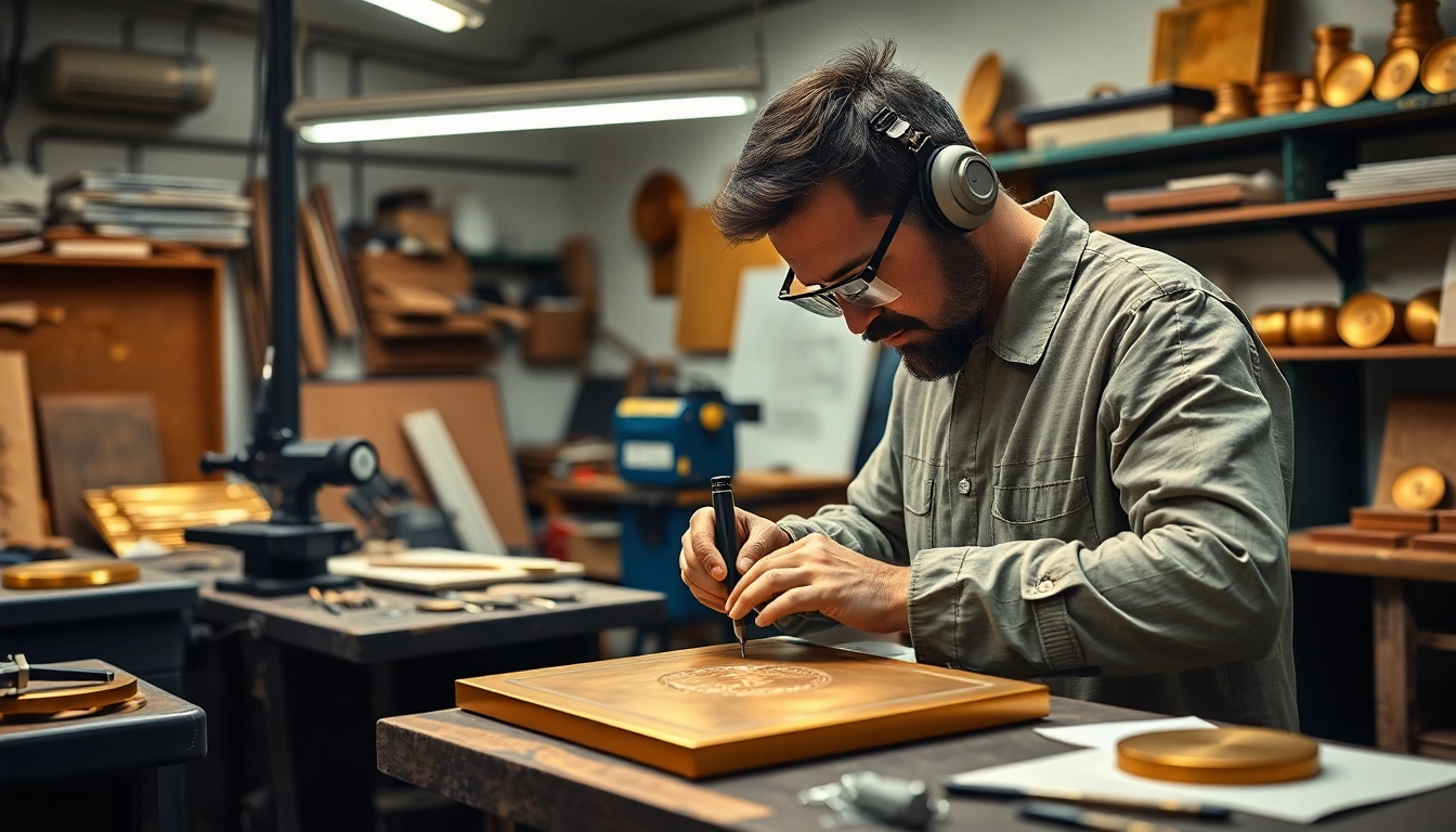Artizan fabricând Placa alama într-un atelier bine iluminat, prezentând lucrări detaliate din alamă.