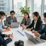 Nationwide investors group collaborating on real estate strategies in a modern office.