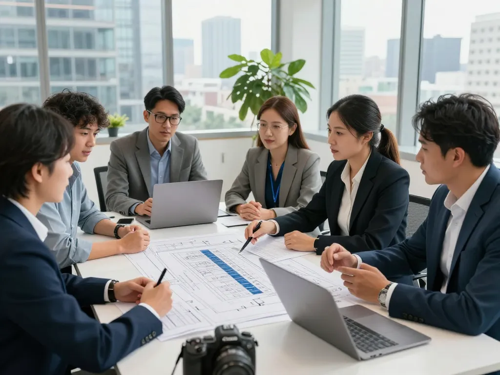 Nationwide investors group collaborating on real estate strategies in a modern office.