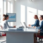 Biuro księgowe w mieście Poznań z profesjonalnym księgowym pomagającym klientom w nowoczesnym otoczeniu.
