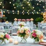 Enjoy stunning Event Rentals with beautifully arranged tables and floral decor in a garden setting.