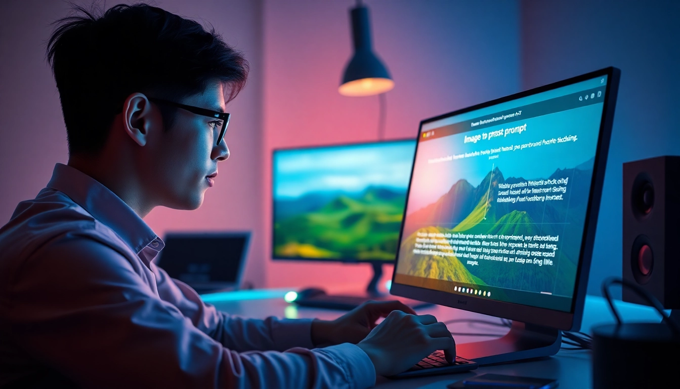 Image to prompt ai tool in action, showcasing a user generating creative prompts from vibrant landscape images.