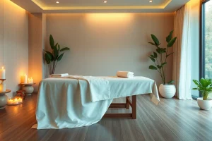 부드러운 조명과 편안한 색상으로 디자인된 스웨디시 마사지 전용 고요한 스파룸.
