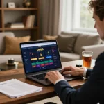 Engaging player on DN88 betting platform in upscale home office, showcasing responsible gambling experience