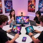 Explore free sex games in a vibrant gaming scene with interactive characters on various devices.