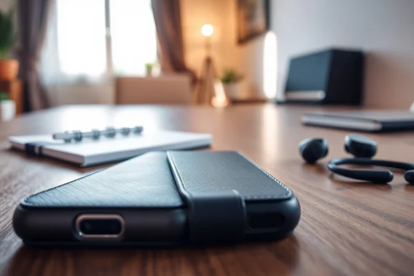Präsentation einer abschließbaren Handytasche auf einem Schreibtisch mit zusätzlichem Zubehör.