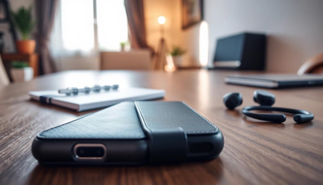 Präsentation einer abschließbaren Handytasche auf einem Schreibtisch mit zusätzlichem Zubehör.