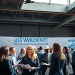 Engaging scene of construction networking professionals exchanging ideas at a vibrant event.