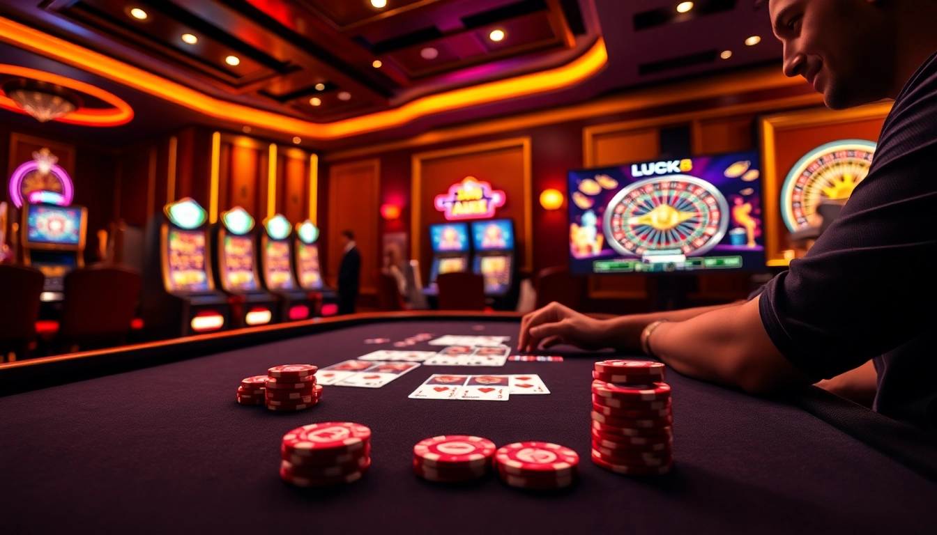 LUCK8 players experiencing the thrill of luxury online gambling with vibrant casino visuals.