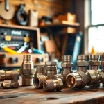 Showcase Ethanol-safe fuel fittings in a professional workshop with tools and warm lighting.