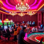 Enthusiastic gamblers experiencing the excitement of jamuslot at a vibrant casino with slot machines.