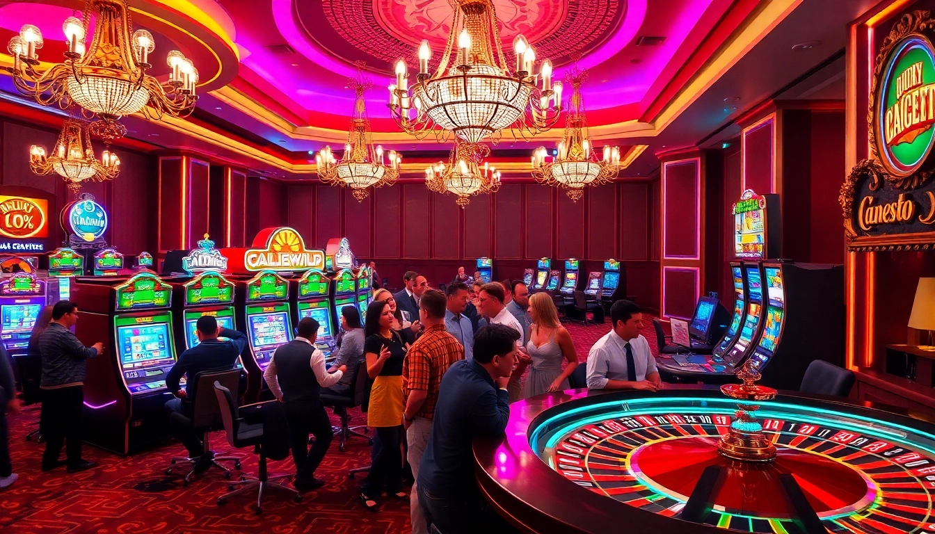 Enthusiastic gamblers experiencing the excitement of jamuslot at a vibrant casino with slot machines.