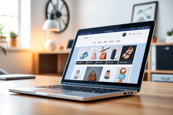 Showcasing an ecommerce website essex on a professional laptop in a contemporary workspace.