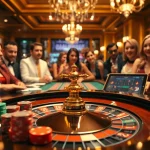 Une scène de jeu palpitante mettant en avant l'excitation du meilleur casino en ligne avec des tables de casino, des joueurs et une atmosphère vibrante.