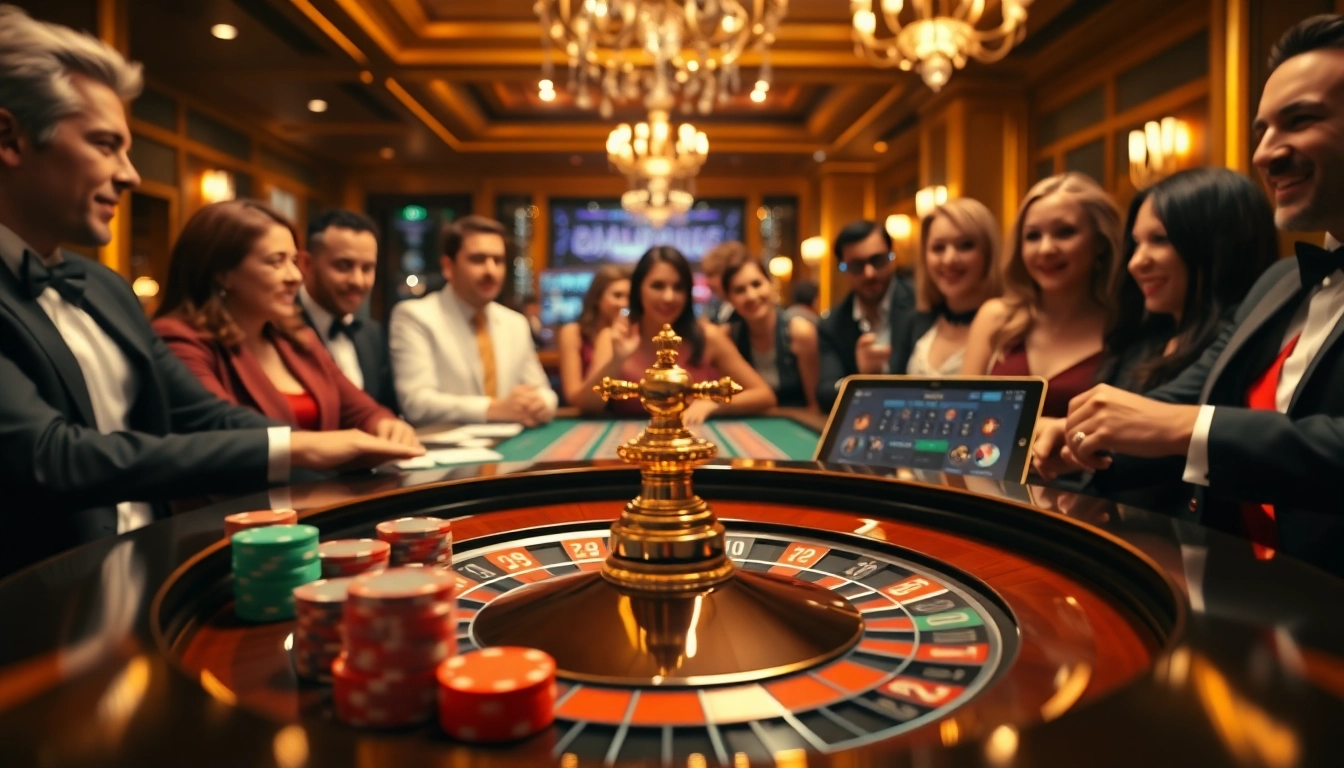 Une scène de jeu palpitante mettant en avant l'excitation du meilleur casino en ligne avec des tables de casino, des joueurs et une atmosphère vibrante.
