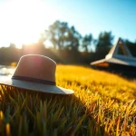 Fly fishing hat elegantly displayed near a flowing river, showcasing its stylish design.