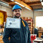 Certified tradesperson showcasing their nccer certification in a vibrant workshop setting.