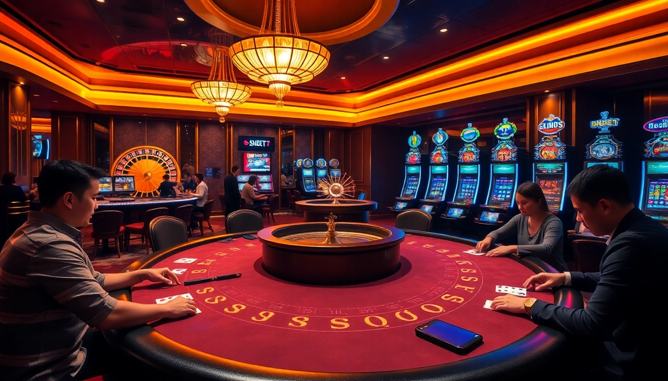 Exciting gameplay at SHBET casino showcasing blackjack tables and vibrant slot machines.