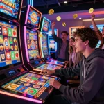 Pemandangan kasino online yang menarik menampilkan seorang pemain di mesin slot, mencerminkan kegembiraan slot gacor hari ini.