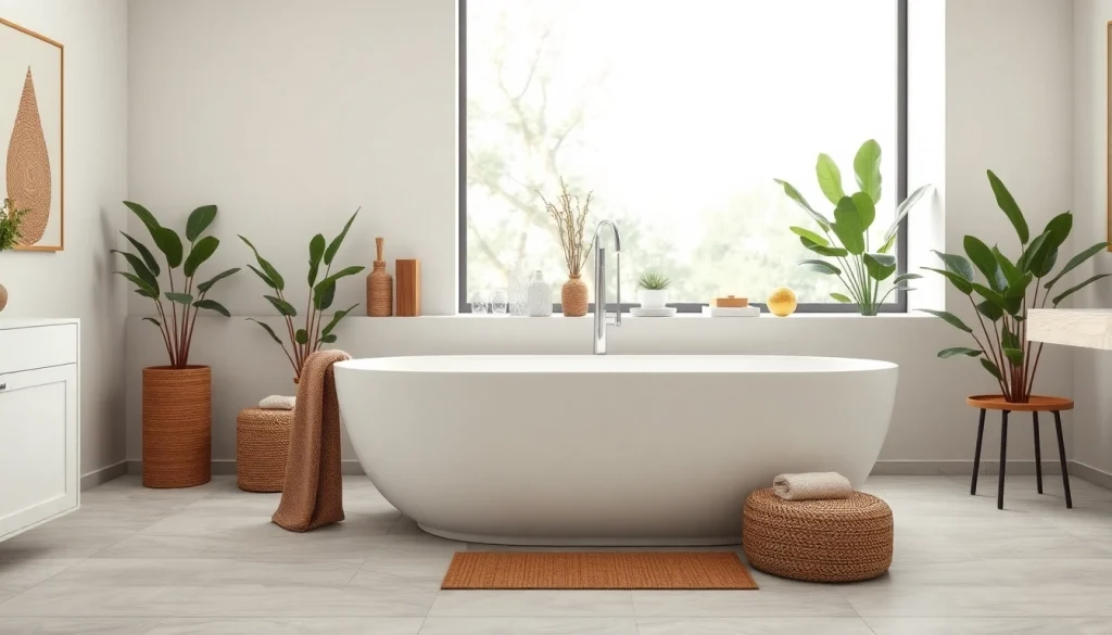 Vasca da bagno moderna in un ambiente elegante e rilassante, con decorazioni naturali.