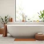 Vasca da bagno moderna in un ambiente elegante e rilassante, con decorazioni naturali.