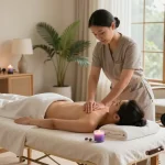Premium home massage by maxim-anma.net in serene living room with therapist and client