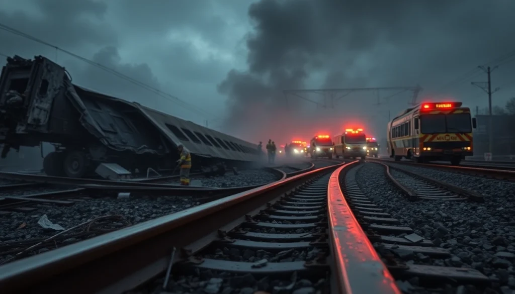 Aftermath of a spain train crash with emergency responders amidst twisted wreckage.