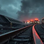 Aftermath of a spain train crash with emergency responders amidst twisted wreckage.