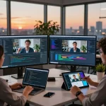 Video to prompt ai team analyzing video prompts during a sunset in a modern workspace.