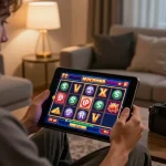 Player enjoying a slot game at home using Go88 app on tablet, showcasing online gaming excitement.