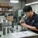 Tehnician asamblând diferite tipuri de arcuri oțel într-un atelier industrial, evidențiind măiestria și precizia.