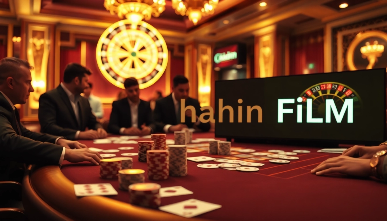 Experience an exciting casino atmosphere featuring players at a vibrant poker table with 'rebahin film' digitally displayed.