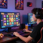 Pemain yang bersemangat berinteraksi dengan slot online laoban188, pengaturan permainan yang vibrant dengan layar berwarna-warni dan suasana yang nyaman.