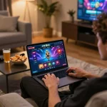 Engaging with KP88 online casino on a cozy sofa, highlighting user-friendly interface.