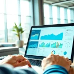 Analyze market trends using AI for competitive intelligence in a modern office.