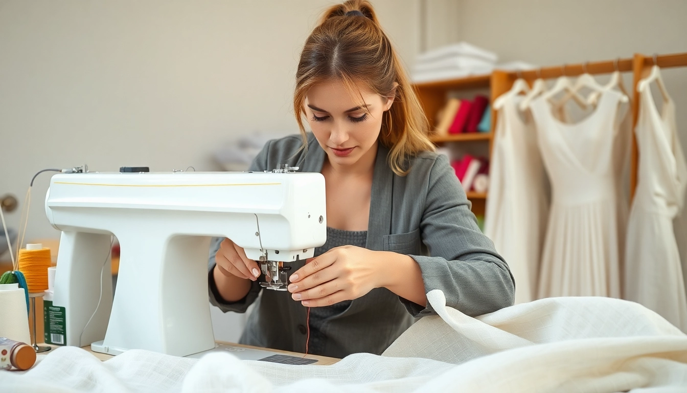 Linnen stof voor jurken gebruikt door een modeontwerper met kleurrijke draadspolen op de achtergrond.