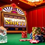 Exciting Slot777 gaming scene featuring a luxurious slot machine, poker chips, and roulette wheel.
