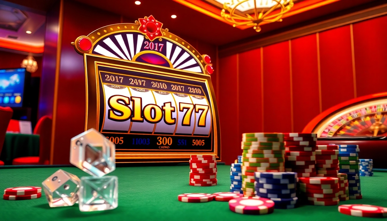 Exciting Slot777 gaming scene featuring a luxurious slot machine, poker chips, and roulette wheel.