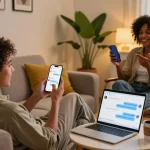 Diverse couple engaged in playful conversation via sex chat ai on smartphones in cozy living room, warm lighting and intimate atmosphere.