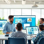 Engaging team of a web design company collaborating on vibrant design projects.