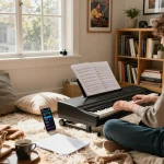 Person playing the GO 88 digital piano surrounded by music notes in a cozy living room.