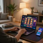 Engaging with the TG88 casino app during online gaming in cozy living room.