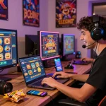 Gamer menikmati situs slot gacor dengan slot berwarna-warni di laptop di ruang permainan yang nyaman.