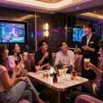 Friends enjoying an unforgettable night at gangnamtune.com karaoke bar with vibrant lights and premium service.